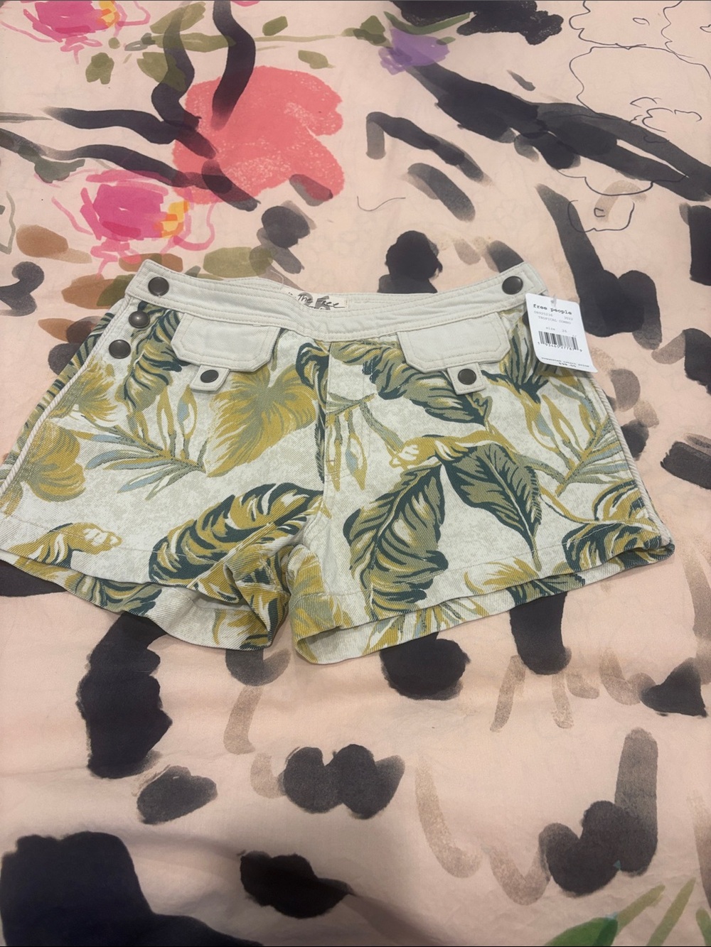 Free People Tropical Leaf-Print Denim-Look Shorts in Olive & Cream
